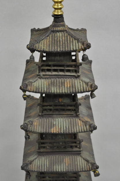 Vintage Chinoiserie Cast Iron Chinese Buddhist Pagoda Temple Table Lamp
