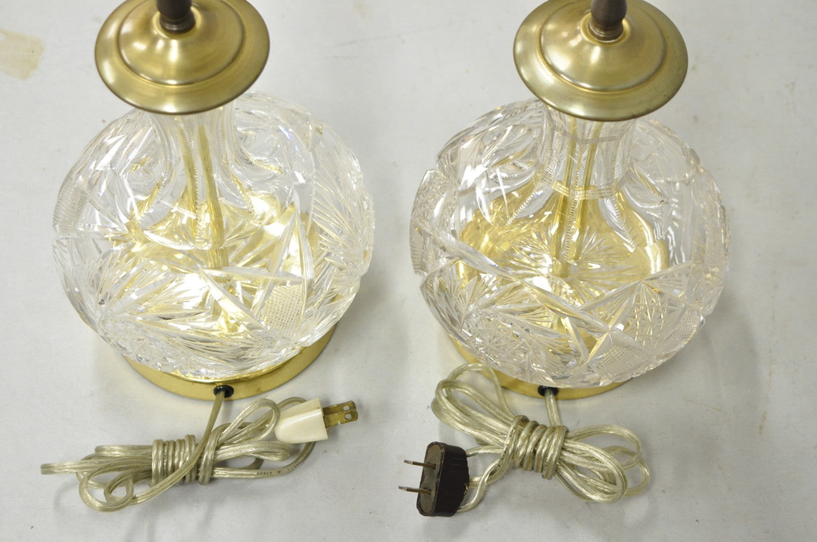 Vintage Victorian Cut Crystal Leaded Glass Small Bulbous Table Lamps - a Pair