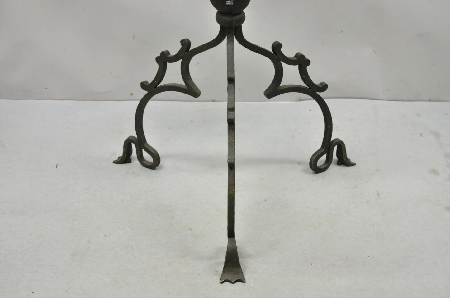 Vintage Gothic Style Wrought Iron Scrolling Base Round Glass Top Center Table