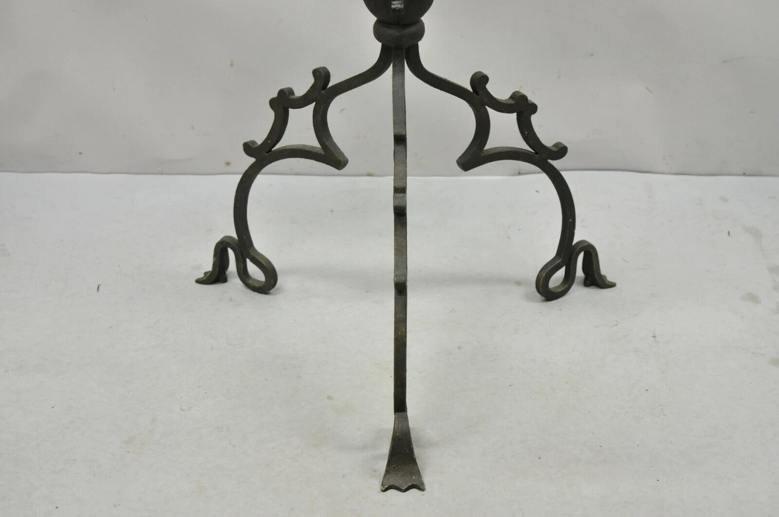 Vintage Gothic Style Wrought Iron Scrolling Base Round Glass Top Center Table