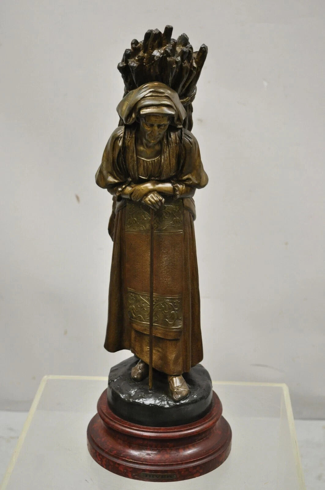 Antique Hiver French Spelter Sculpture Statue of Woman Carrying Bundle of Sticks