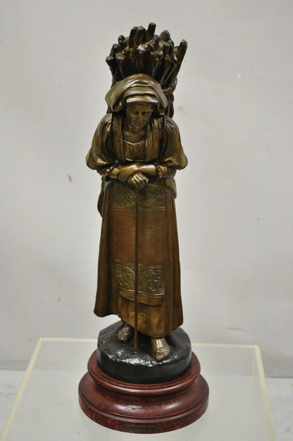 Antique Hiver French Spelter Sculpture Statue of Woman Carrying Bundle of Sticks