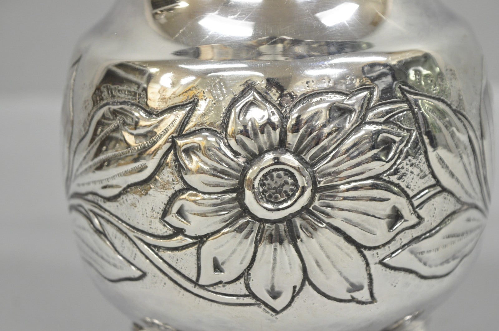 Vintage Art Nouveau Floral Repousse Silver Plated Footed Water Pitcher