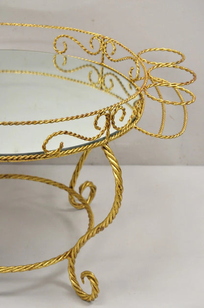 Vintage Italian Hollywood Regency Iron Gold Rope Round Mirror Top Coffee Table