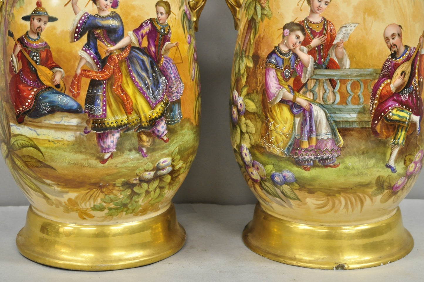 Antique Chinoiserie French Porcelain Hand Painted Orientalist Large Vases - Pair