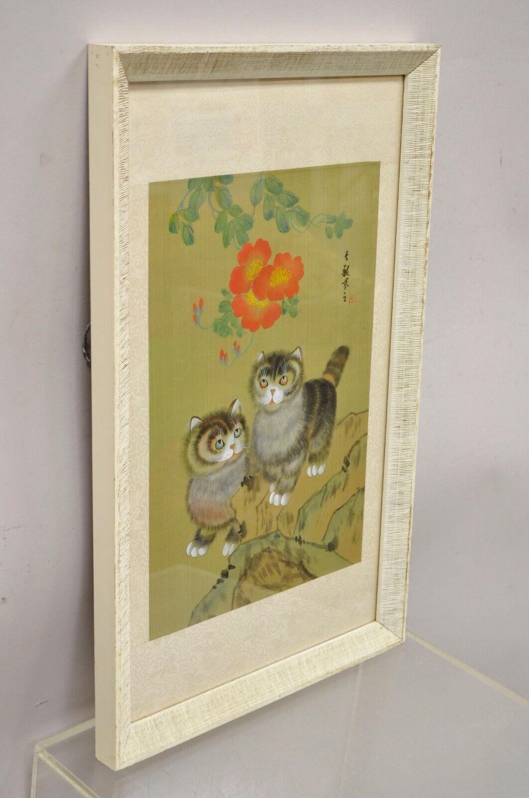 Vintage Chinese Watercolor Silkscreen Framed Painting of Cats and Flowers