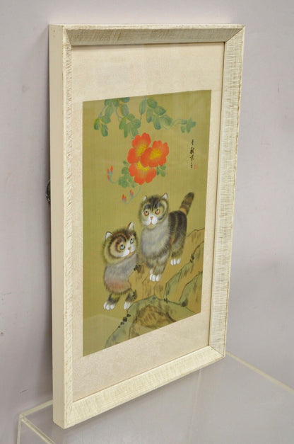 Vintage Chinese Watercolor Silkscreen Framed Painting of Cats and Flowers