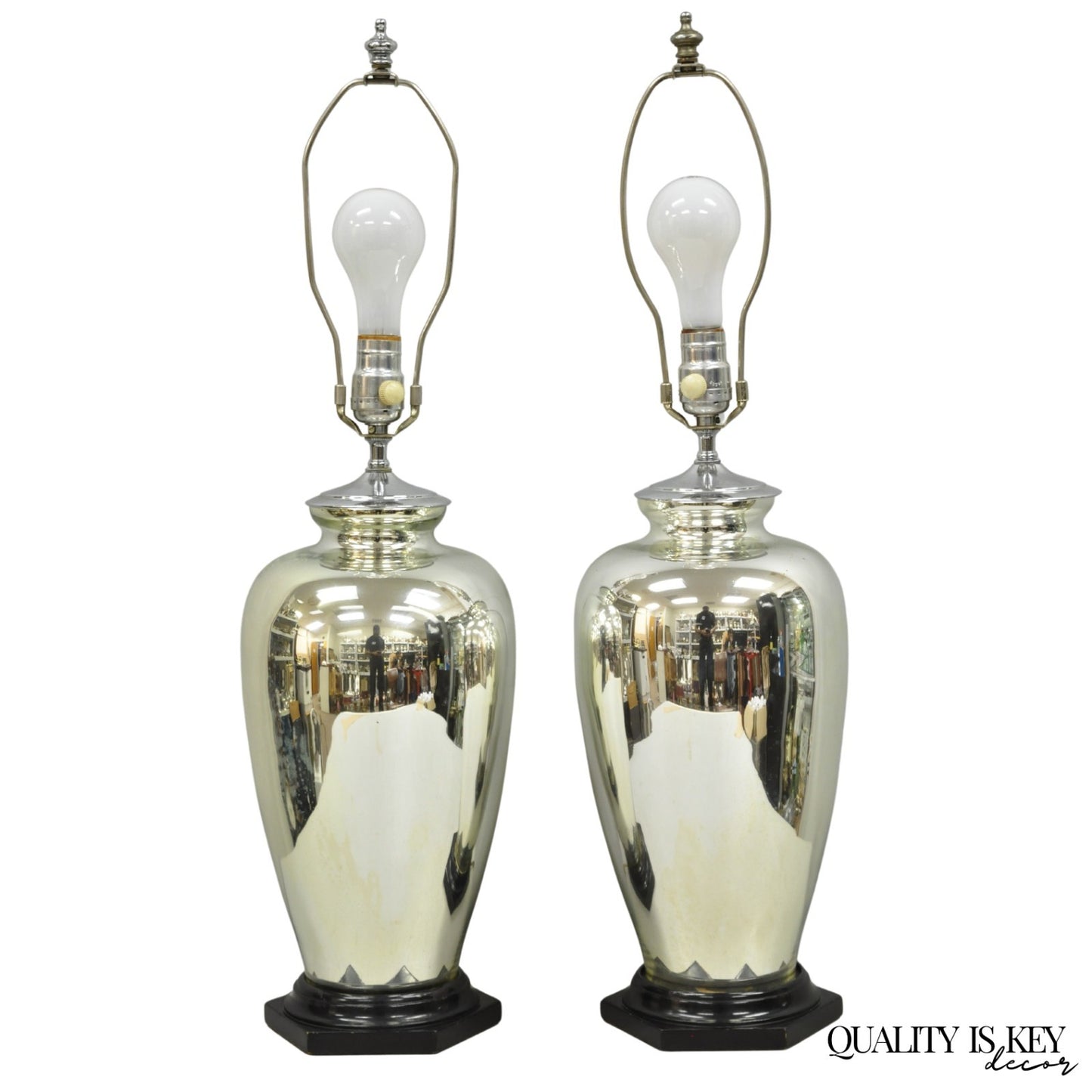 Vintage Mid Century Modern Silver Mercury Glass Jardiniere Vase Table Lamps Pair