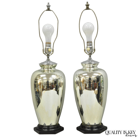 Vintage Mid Century Modern Silver Mercury Glass Jardiniere Vase Table Lamps Pair