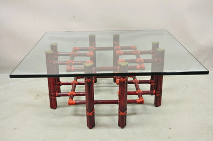 Vintage McGuire Red Rattan Bamboo and Brass Glass Top Square Coffee Table