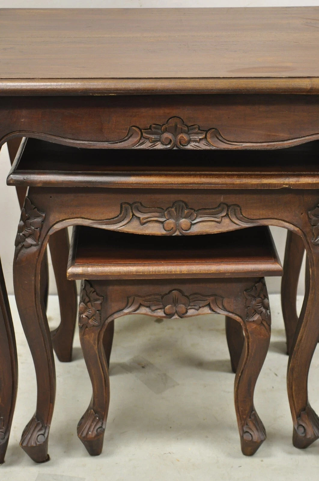 Vintage French Rococo Baroque Style Mahogany Nesting Side Tables - Set of 3