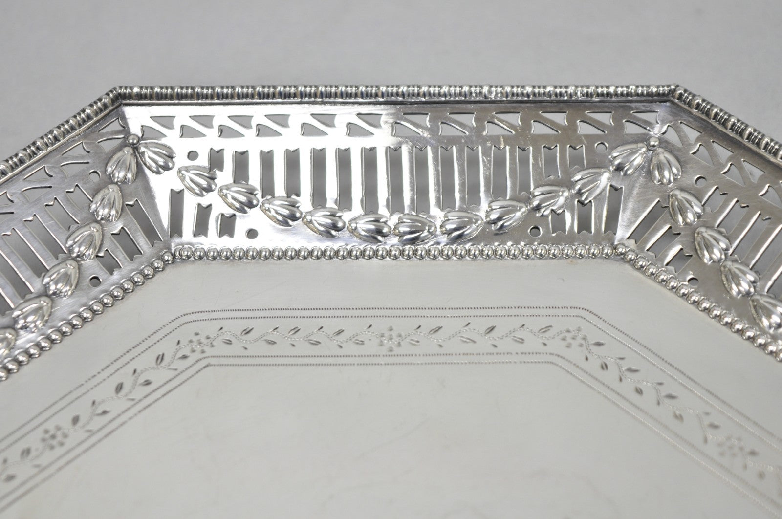 Antique Ellis Barker English Edwardian Silver Plated Octagonal Trinket Dish Tray