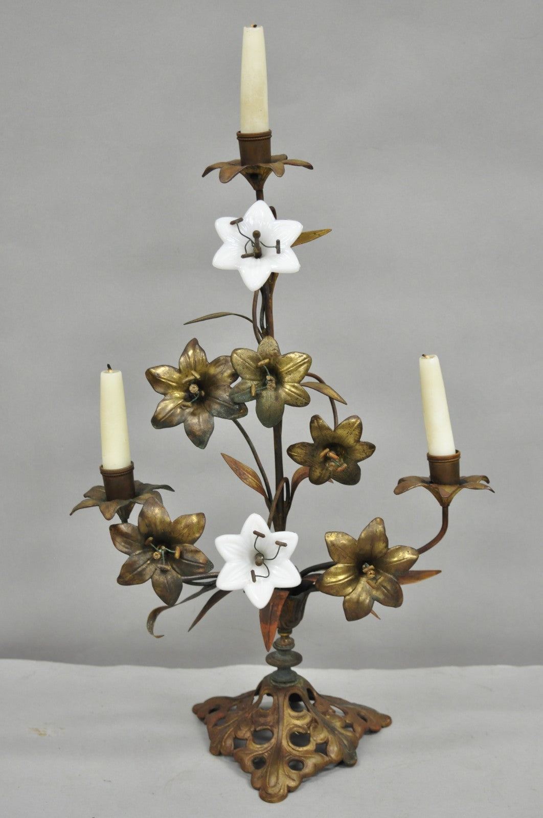 Antique French Baroque Gold Gilt Bronze Altar Church Candlestick Candelabra Pair