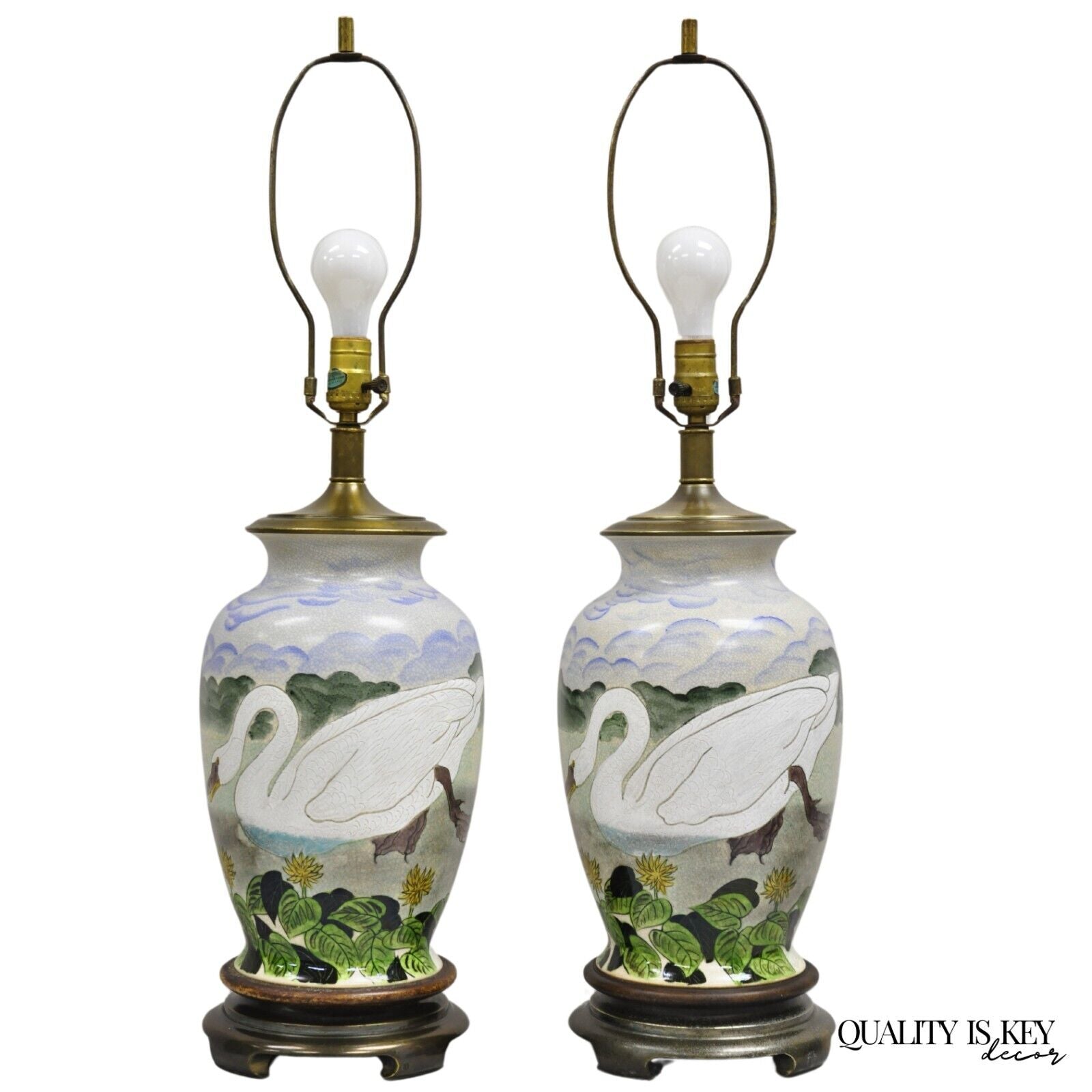 Vintage Chinoiserie Painted Swan Porcelain Ginger Jar Table Lamps - a Pair