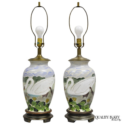 Vintage Chinoiserie Painted Swan Porcelain Ginger Jar Table Lamps - a Pair