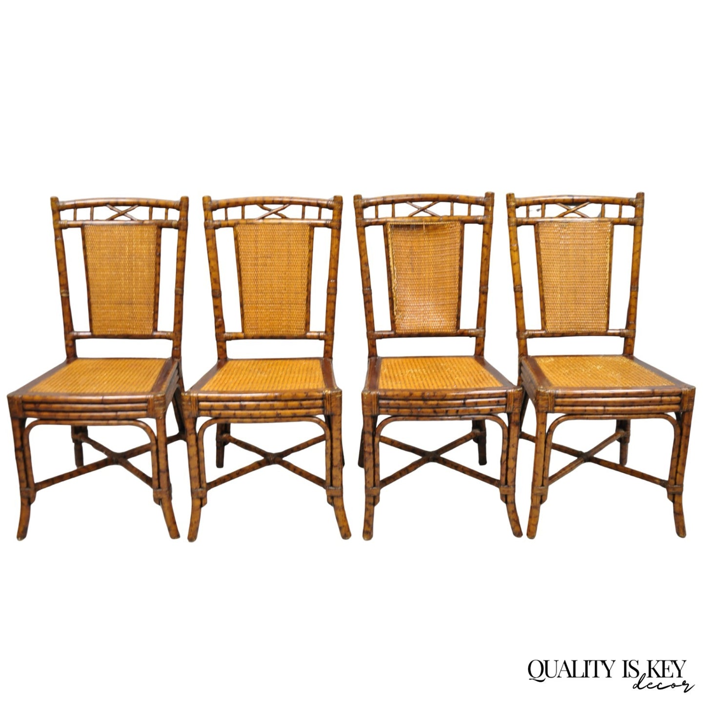 Hollywood Regency British Colonial Burnt Bamboo Cane Dining Chairs - Set of 4