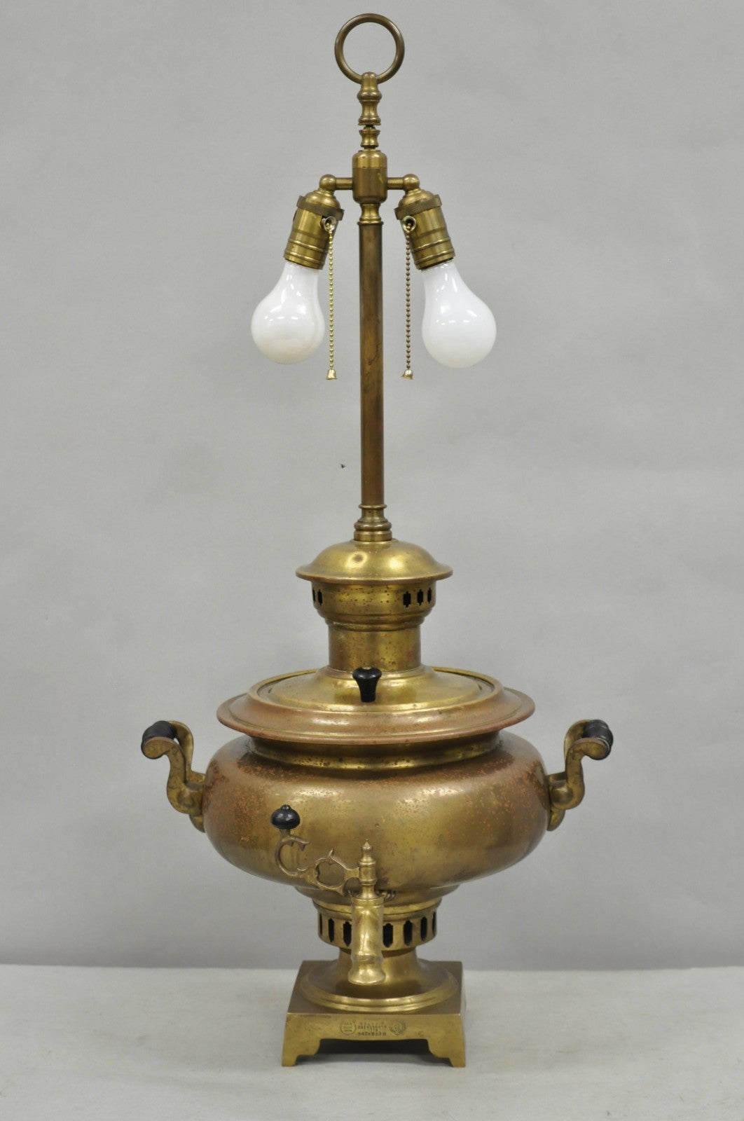 Antique Victorian Russian Brass Samovar Converted Twin Handle Table Lamp