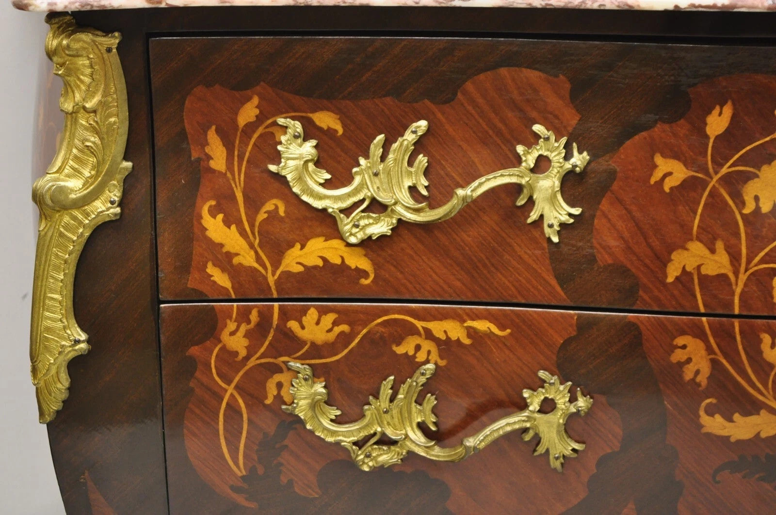 French Louis XV Style Marble Top Marquetry Inlay & Bronze Bombe Commode Dresser