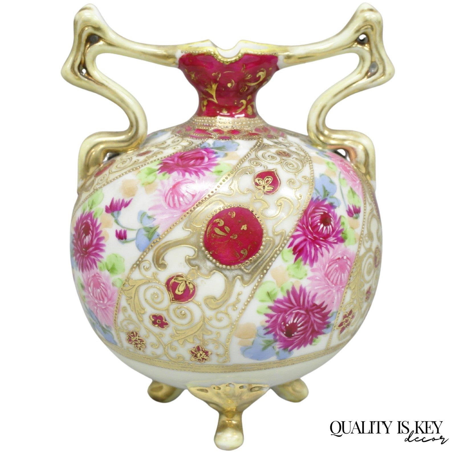 Antique Nippon Moriage Porcelain Twin Handle Ball Vase w/ Hand Painted Roses (B)