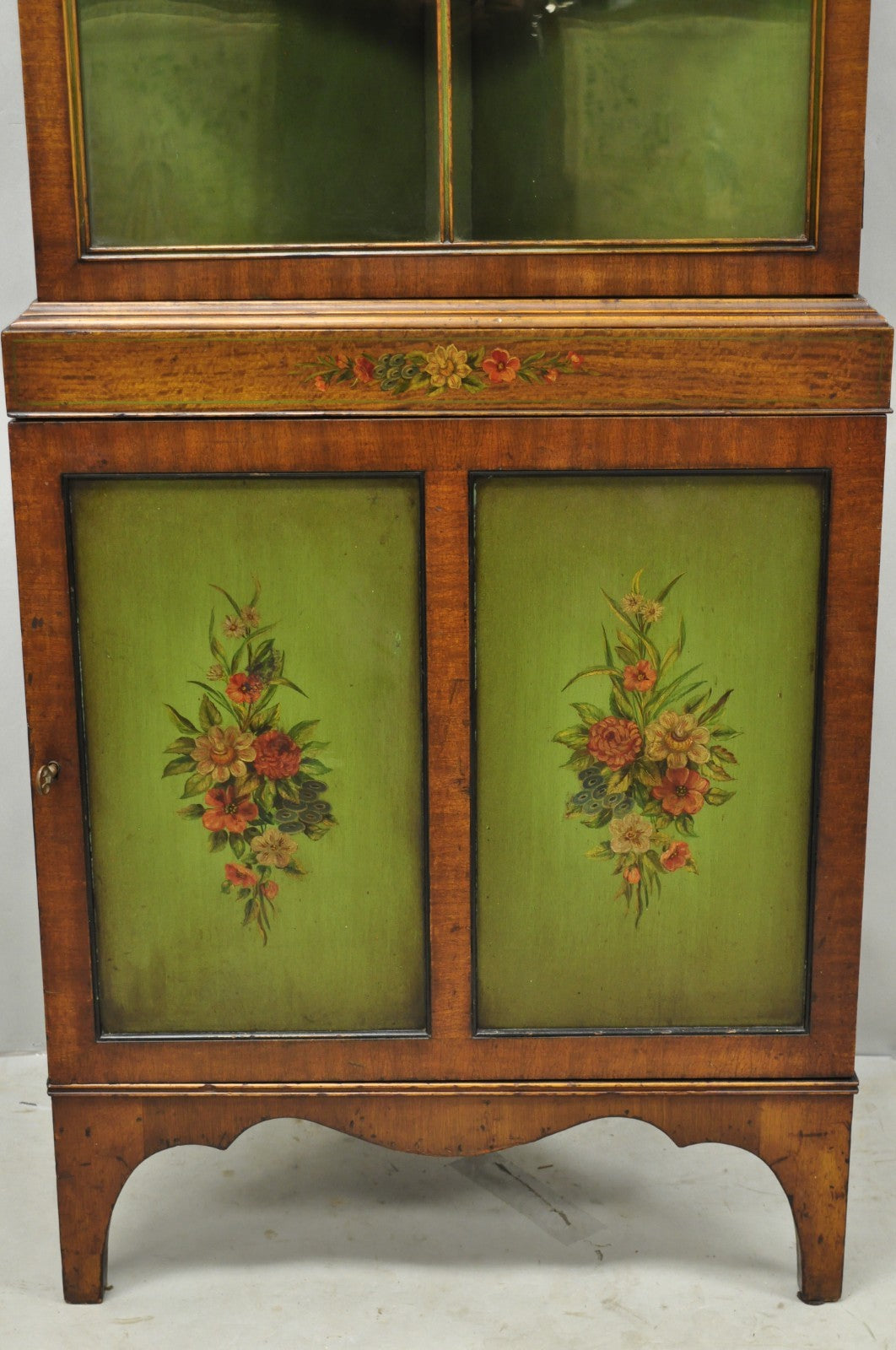 Antique English Adams Style Green Hand Painted Narrow Corner China Cabinet