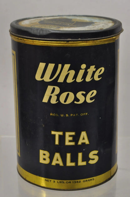 Vintage Art Deco White Rose Tea Balls 3 lb Tin Metal Container Can Advertisement