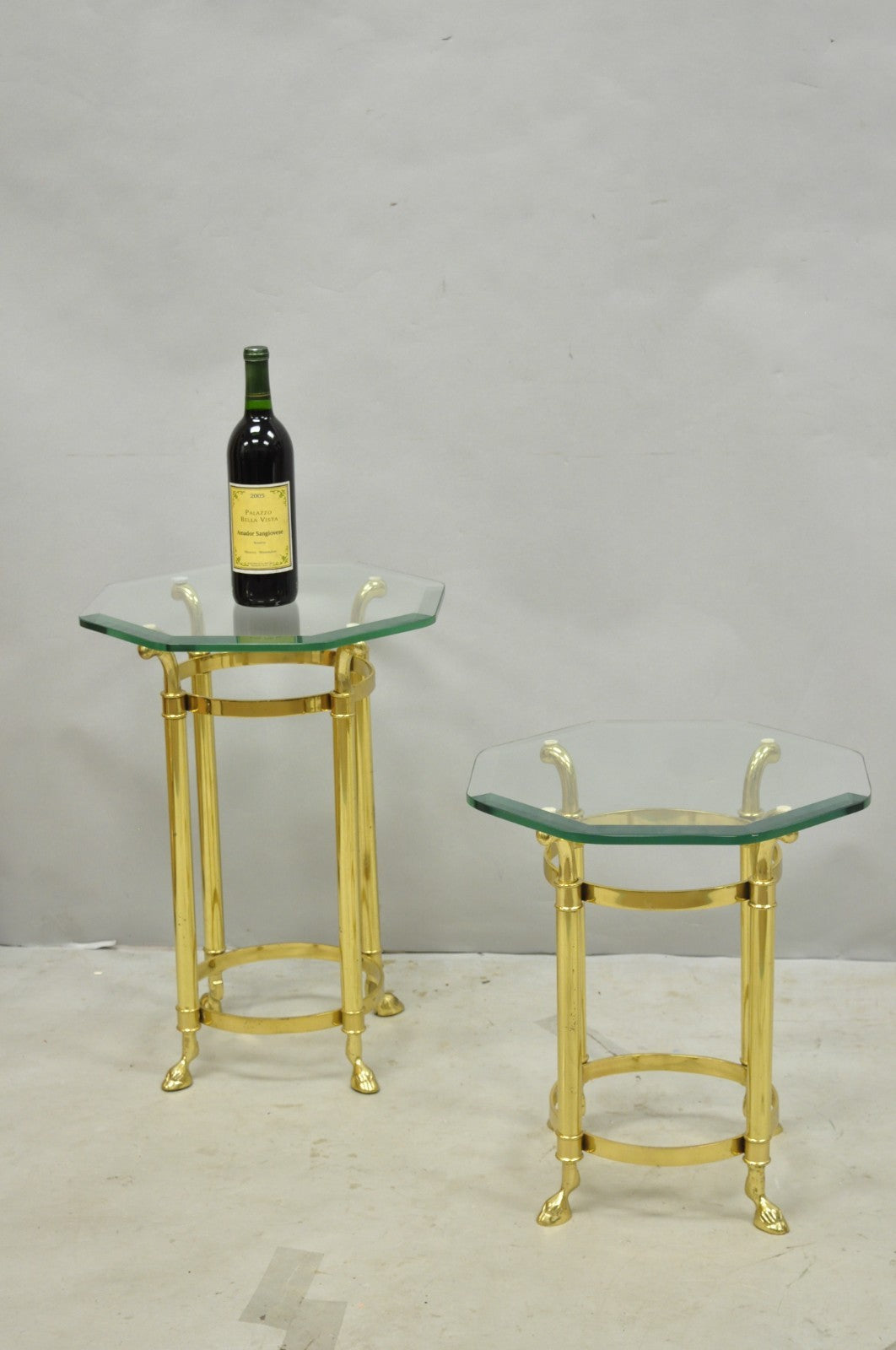 Vintage Hollywood Regency Brass Hoof Foot Glass Top Graduating Side Table - Pair