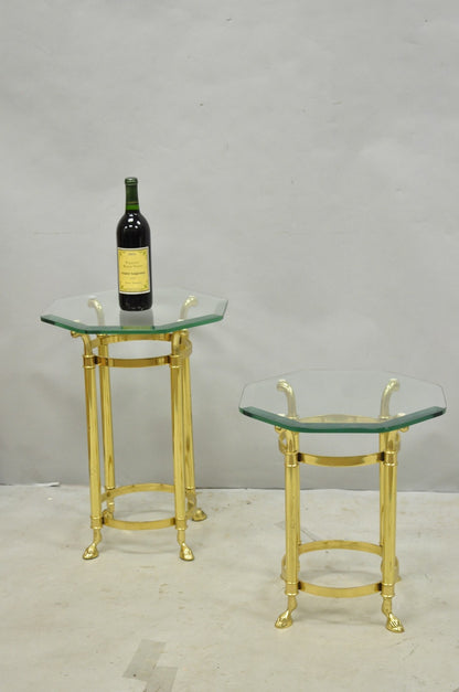 Vintage Hollywood Regency Brass Hoof Foot Glass Top Graduating Side Table - Pair
