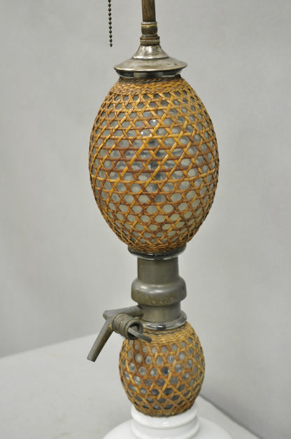 Antique French Victorian Rattan Wrapped Blown Glass Seltzer Bottle Table Lamp