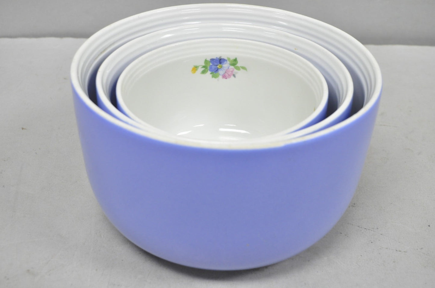 Vintage Hall's "Rose Parade" 1259 Blue Ceramic Nesting Mixing Bowls - Set of 3