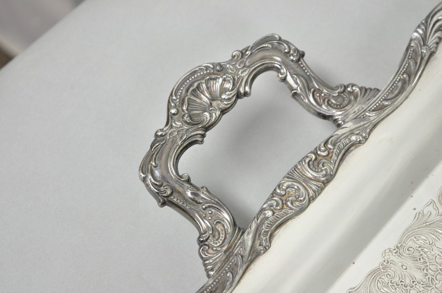 Vintage WM Rogers 290 Silver Plated Twin Handle Footed Bar Serving Platter Tray