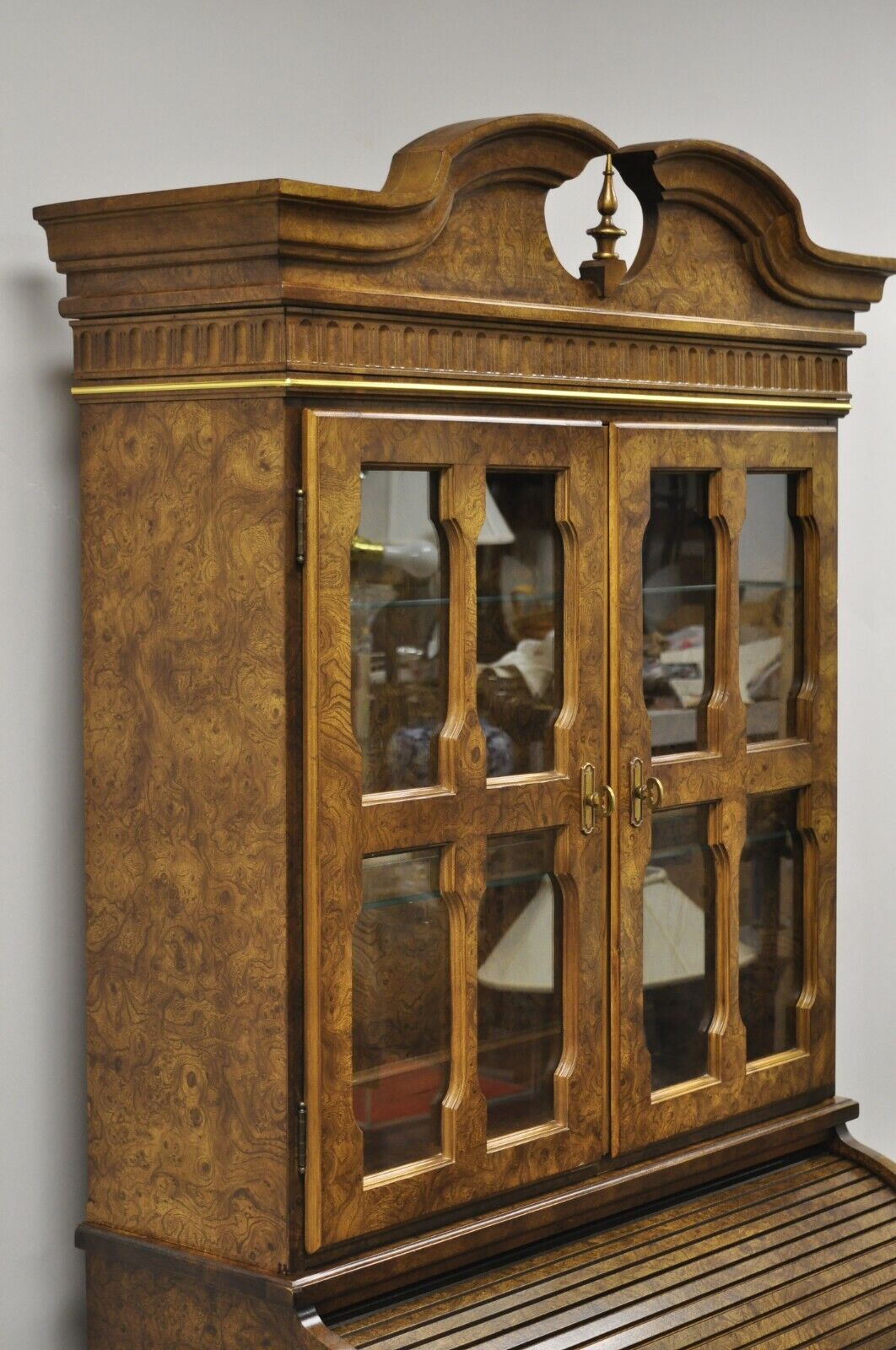 Vintage Italian Regency Burlwood Laminate Saber Leg Tall Secretary Desk Display