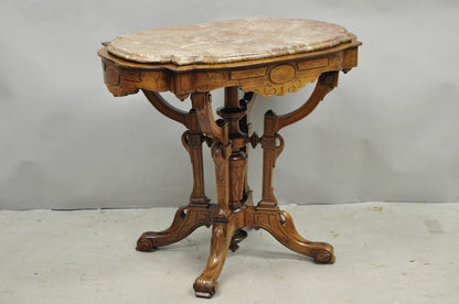 Antique Eastlake Victorian Carved Walnut Marble Top Parlor Lamp Side Table