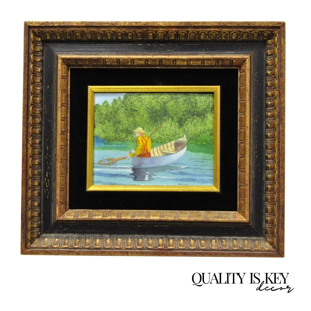 Daniel Belliard Enamel on Copper Small Framed Painting Fisherman in Boat on Lake
