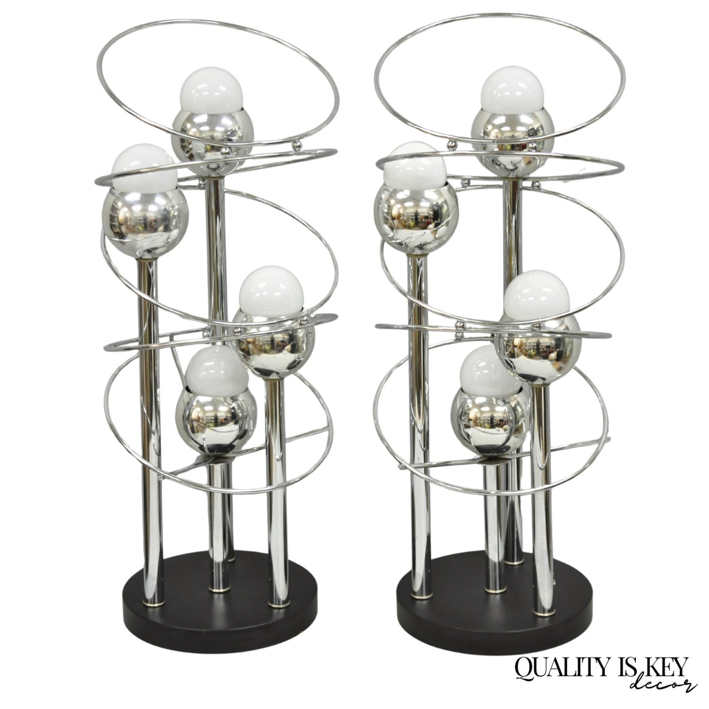 Vintage Mid Century Modern George Kovacs Spiral Chrome Ball Table Lamps - a Pair
