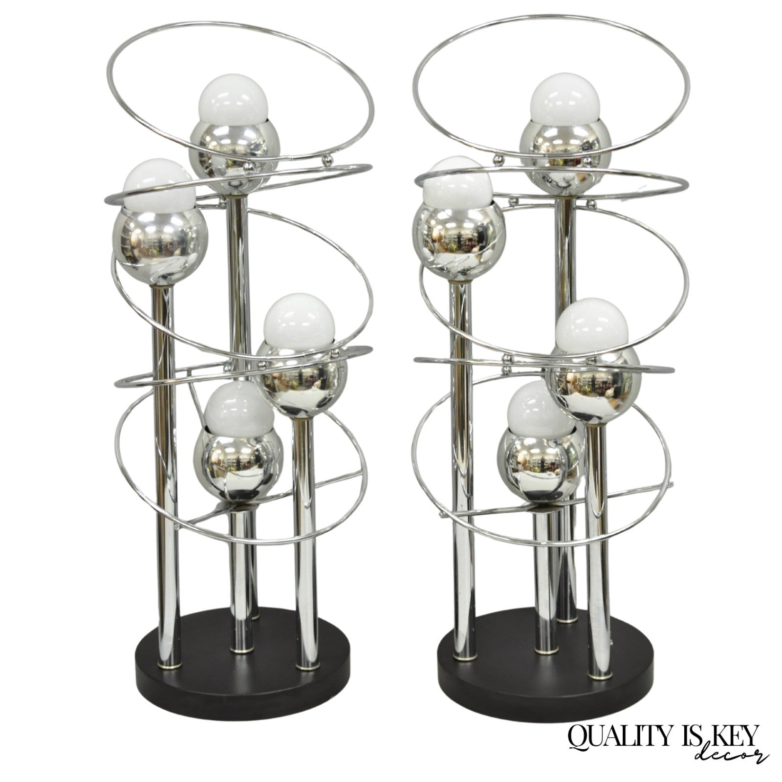 Vintage Mid Century Modern George Kovacs Spiral Chrome Ball Table Lamps - a Pair