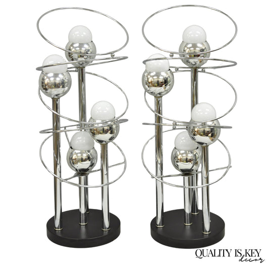 Vintage Mid Century Modern George Kovacs Spiral Chrome Ball Table Lamps - a Pair