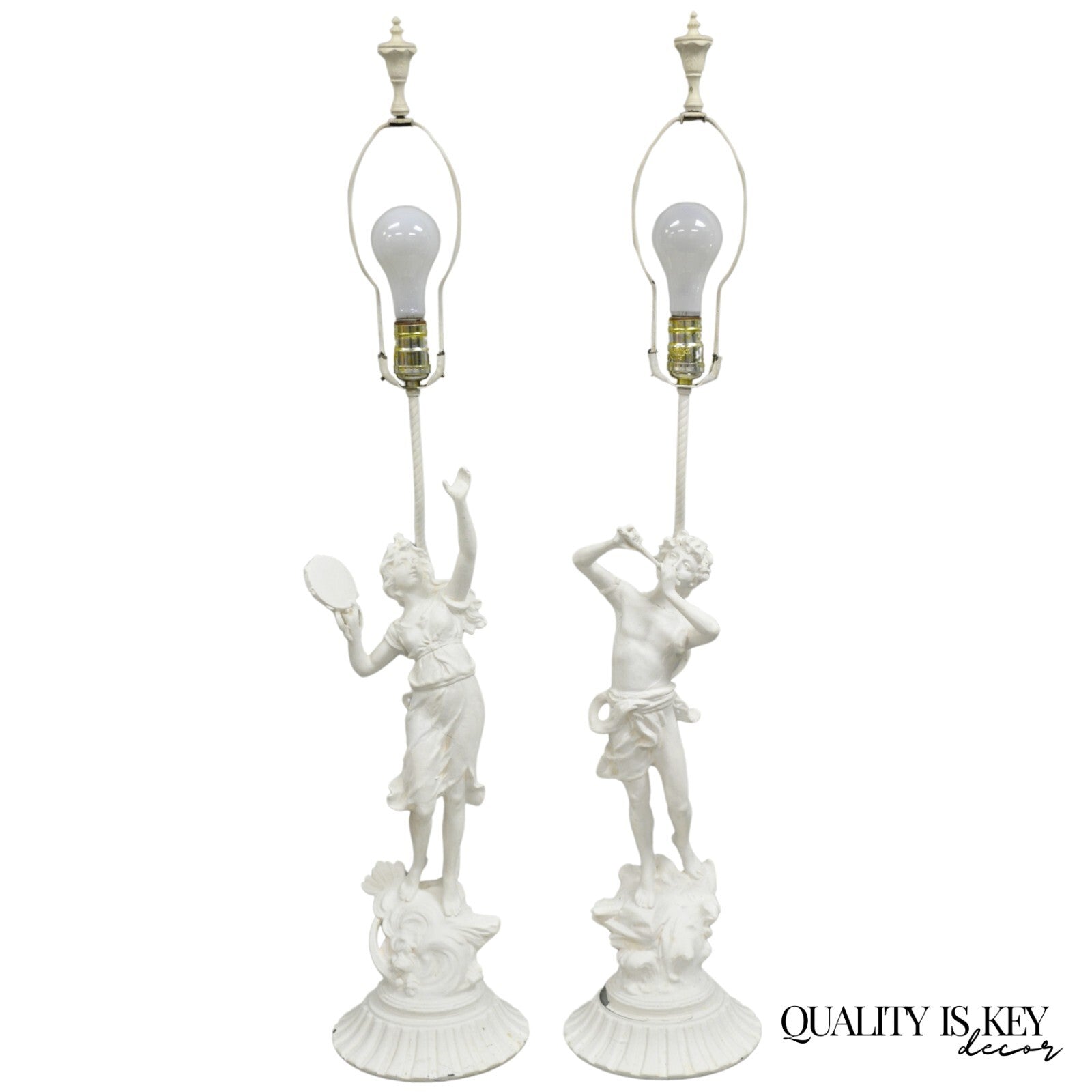 Antique French Renaissance White Painted Metal "Musicians" Table Lamps - a Pair