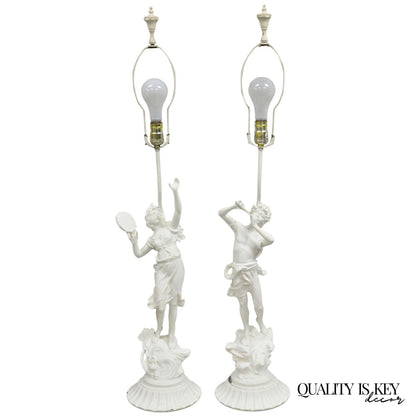 Antique French Renaissance White Painted Metal "Musicians" Table Lamps - a Pair
