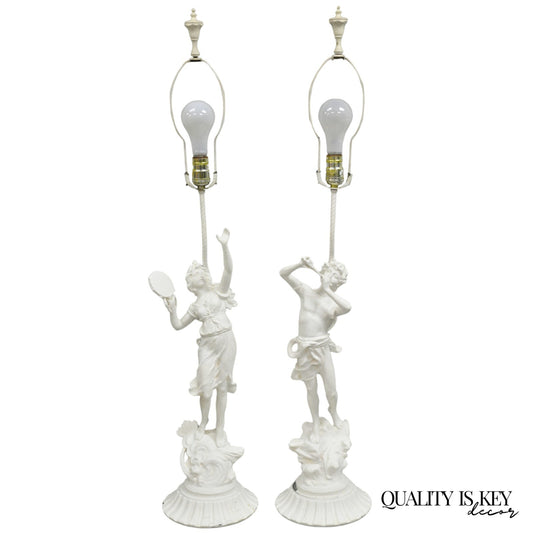 Antique French Renaissance White Painted Metal "Musicians" Table Lamps - a Pair
