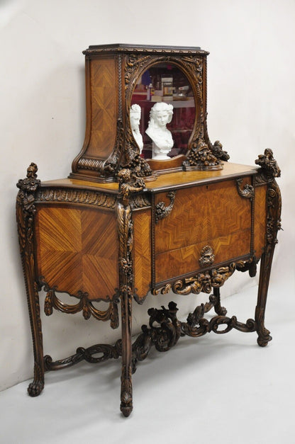 French Renaissance Louis XV Style Figural Carved Walnut Curio Display Buffet