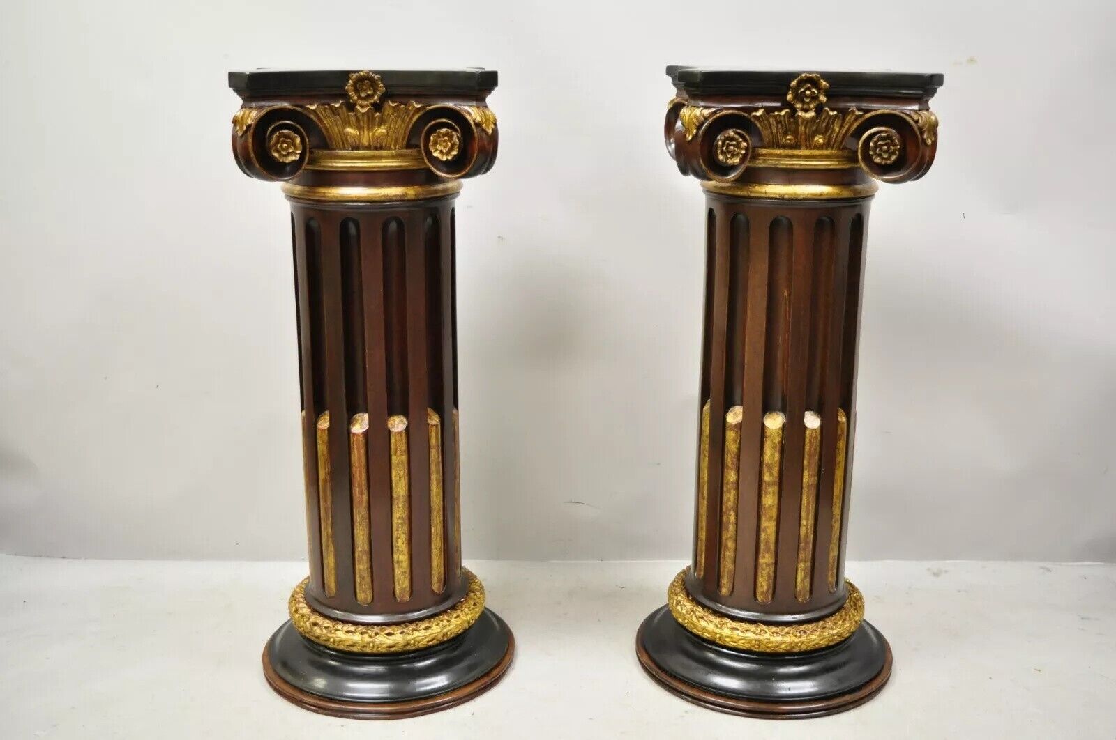 Italian Classical Carved Polychrome Gold Gilt Corinthian Column Pedestals - Pair