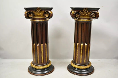 Italian Classical Carved Polychrome Gold Gilt Corinthian Column Pedestals - Pair