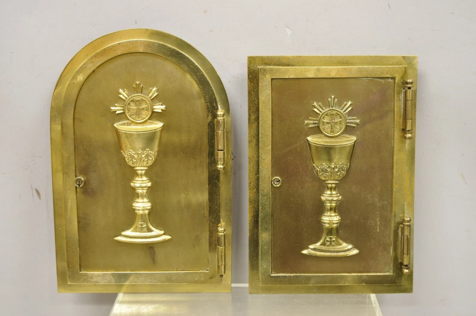 Antique Gothic Bronze Wall Hanging Altar Door Tabernacle with Chalice (B)