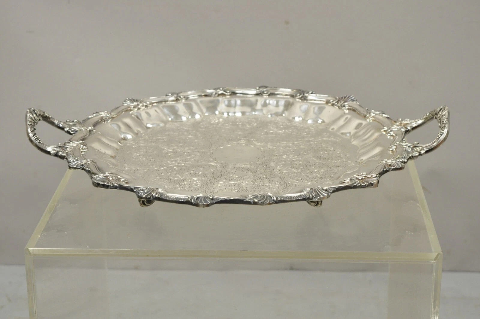 Victorian Ornate Silver Plated Twin Handle Scalloped Bar Serving Platter Tray