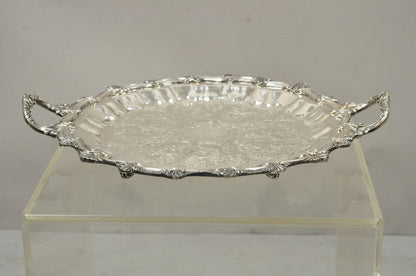 Victorian Ornate Silver Plated Twin Handle Scalloped Bar Serving Platter Tray