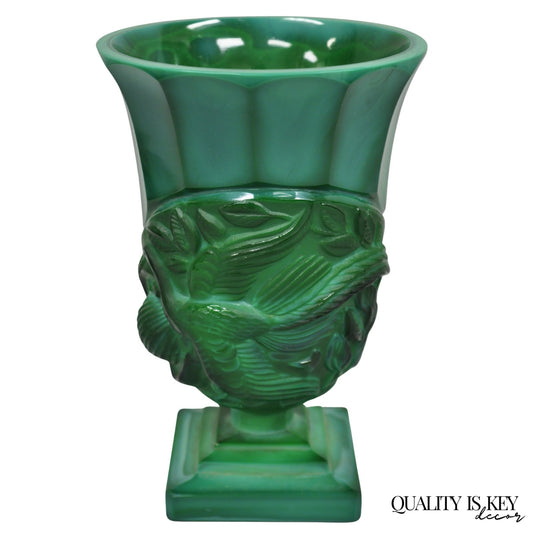 Antique Art Deco Malachite Jade Green Czech Glass Pedestal Vase with Bird