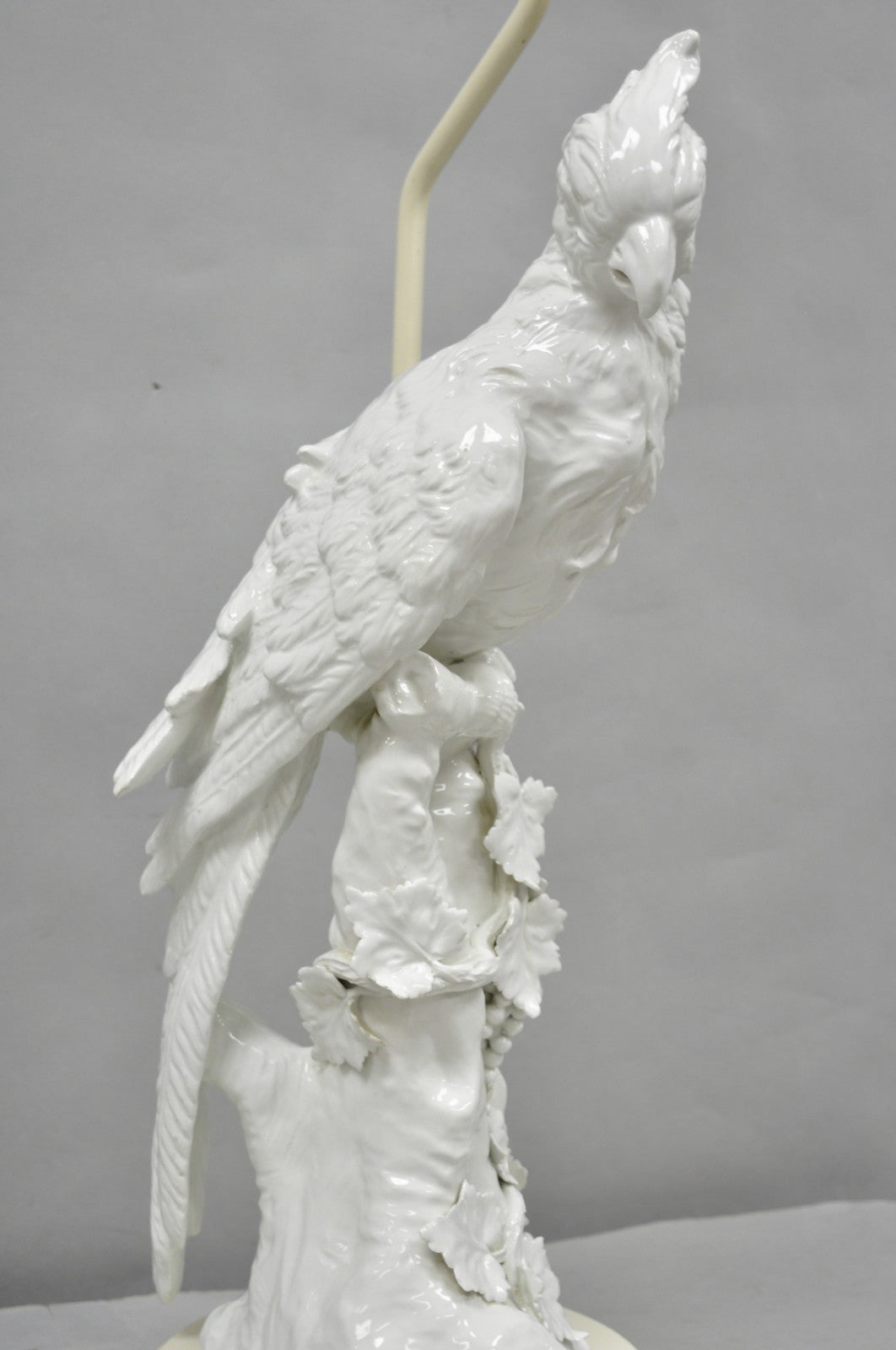 Antique Italian Blanc de Chine White Porcelain Perched Cockatoo Bird Table Lamp