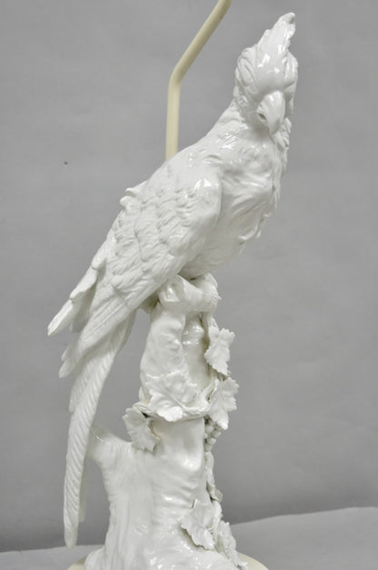 Antique Italian Blanc de Chine White Porcelain Perched Cockatoo Bird Table Lamp