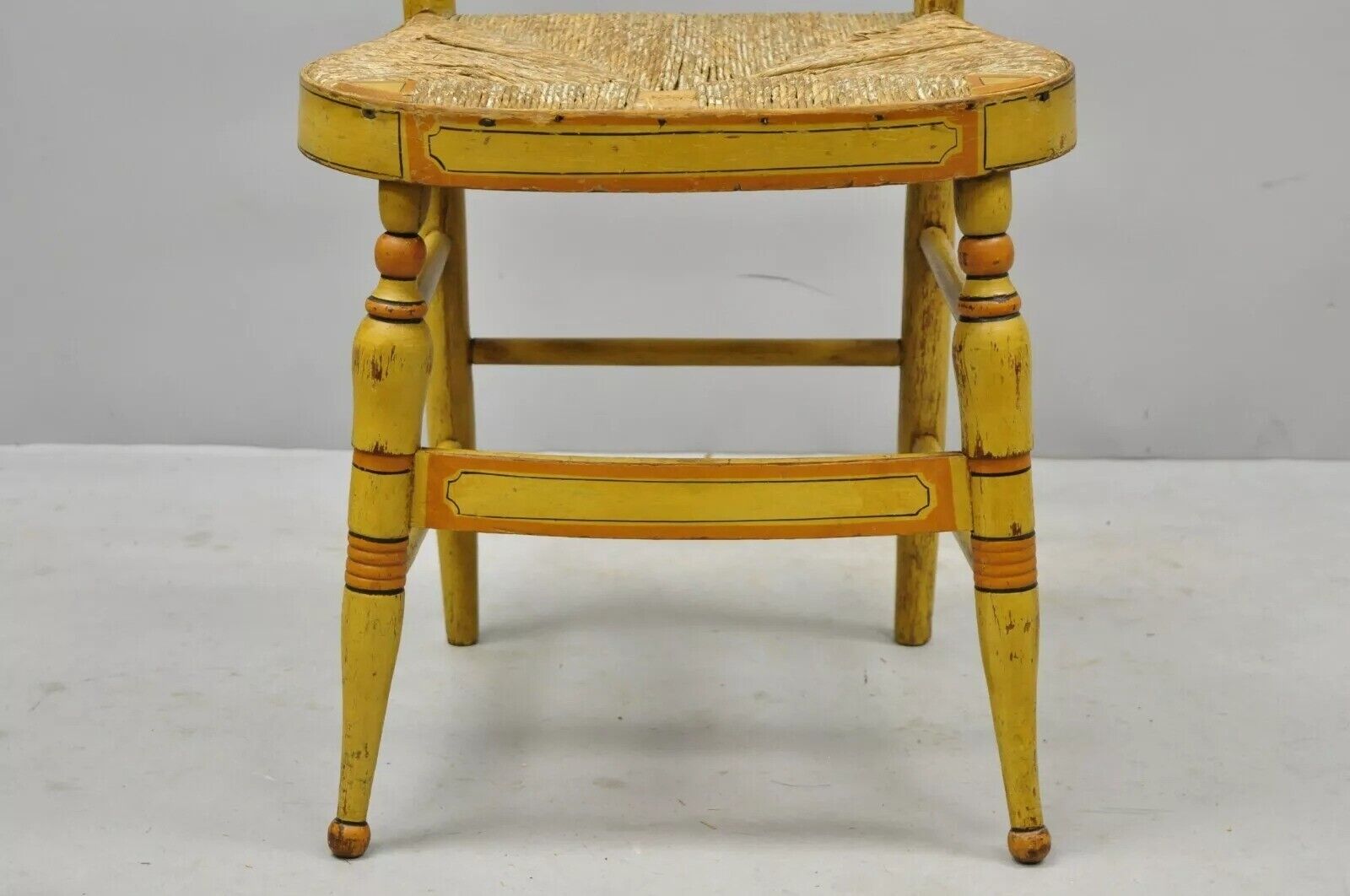 Antique Hitchcock Style Slat Back Rush Seat Yellow Paint Stencil Side Chair (A)