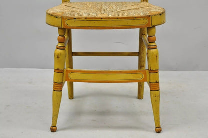 Antique Hitchcock Style Slat Back Rush Seat Yellow Paint Stencil Side Chair (A)